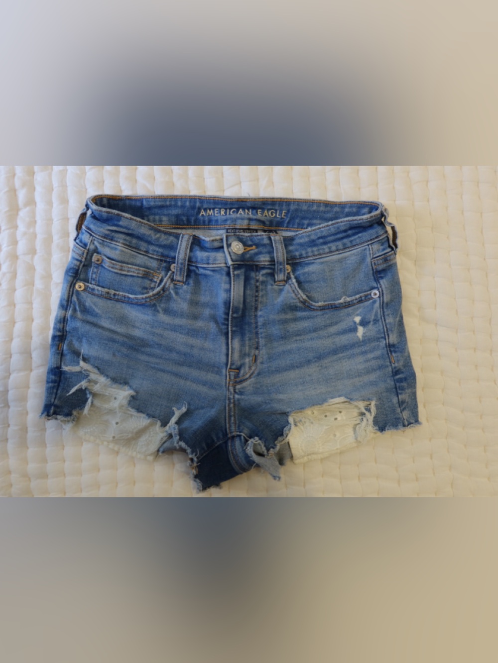 American Eagle Outfitters Light Blue Ripped Denim Shorts with Lace